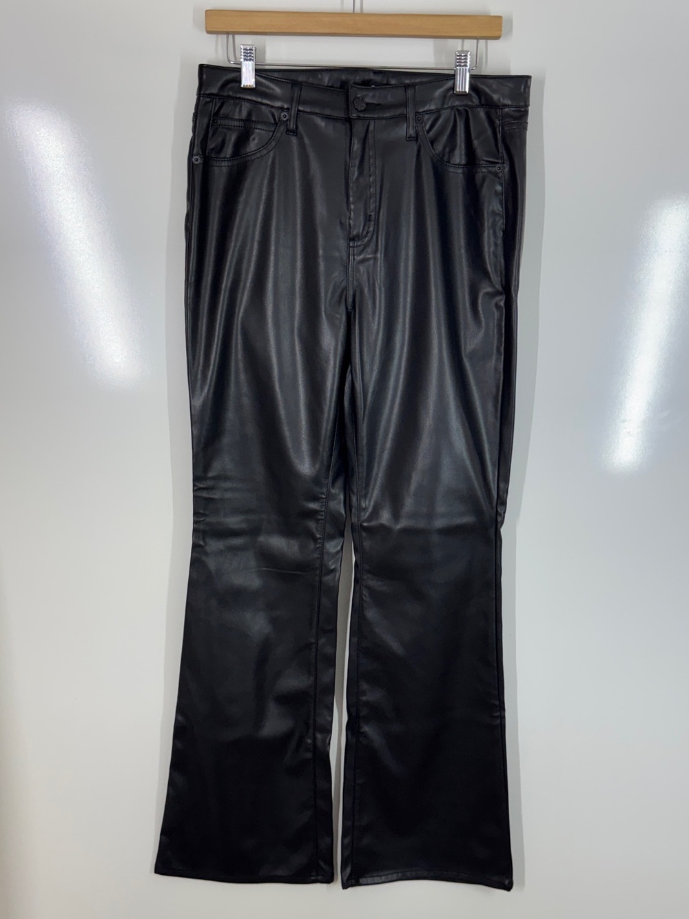 OAT Women High Rise Flare Faux Leather Pants Black Vegan Leather Y2K Retro Chic - Picture 2 of 10